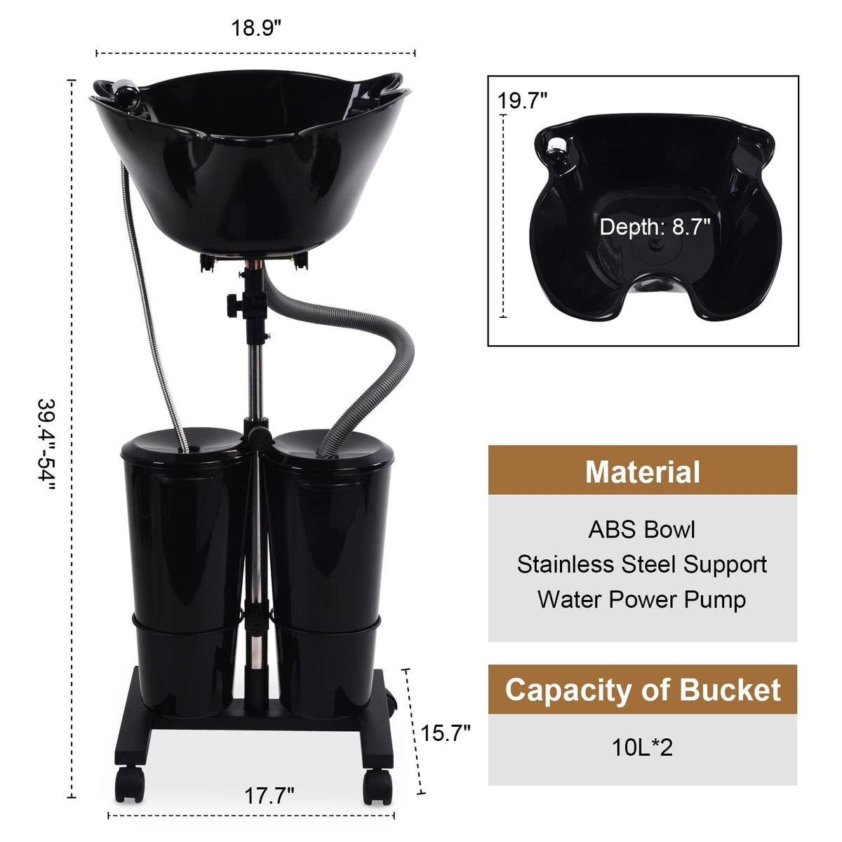 Portable Shampoo Bowl with Electric Pump and 2 Water Tanks, Height and Angle Adjustable Black Y223