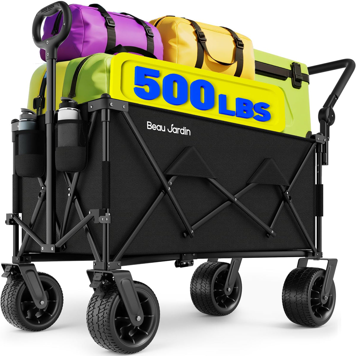 Folding Beach Wagon 500 lbs with Push Handle All Terrain Wheels Black B87777