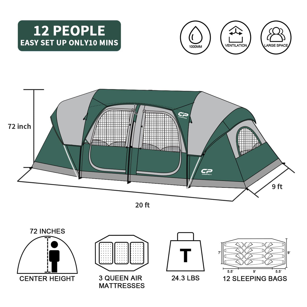 12 Person 3-Room Waterproof Camping Tent B803