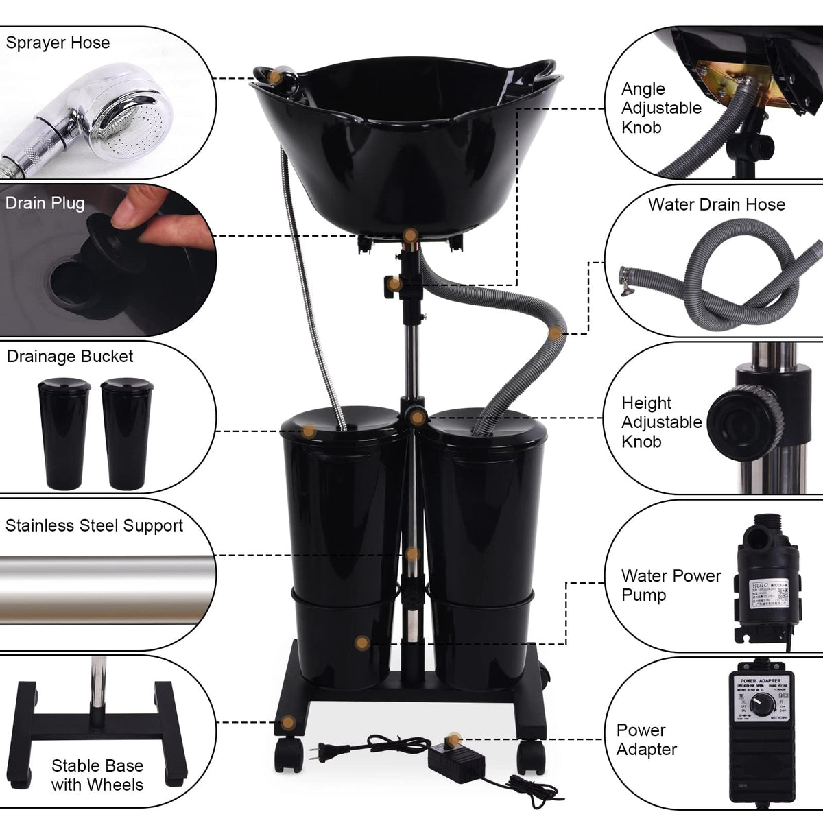 Portable Shampoo Bowl with Electric Pump and 2 Water Tanks, Height and Angle Adjustable Black Y223