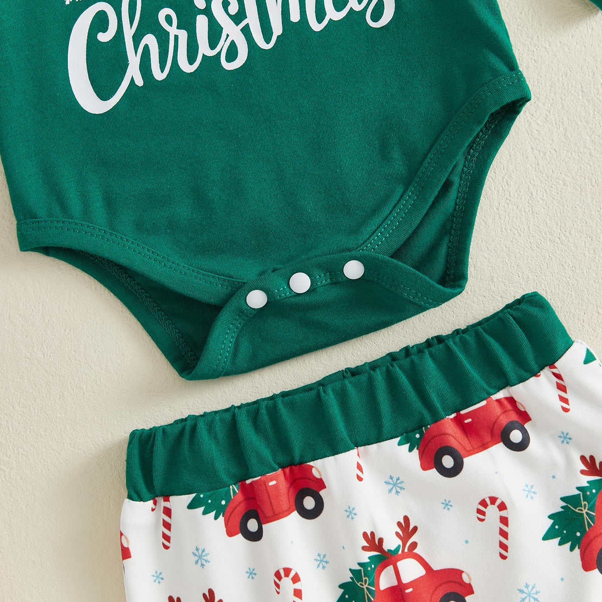 My First Christmas Baby Boy Outfit Romper Pants Hat H8804