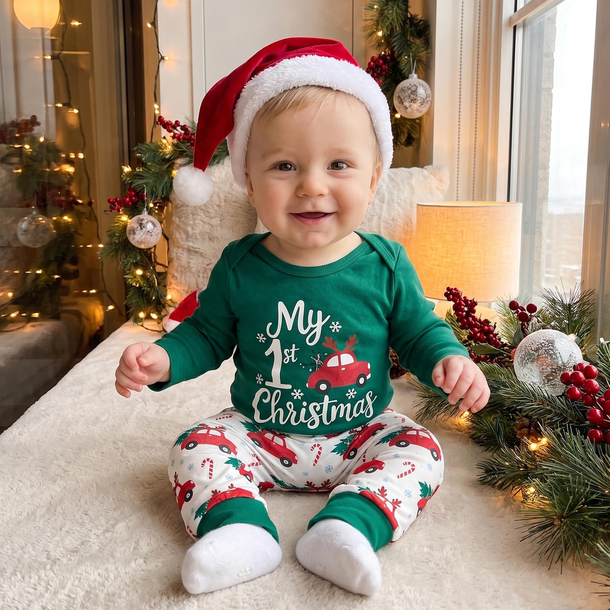 My First Christmas Baby Boy Outfit Romper Pants Hat H8804