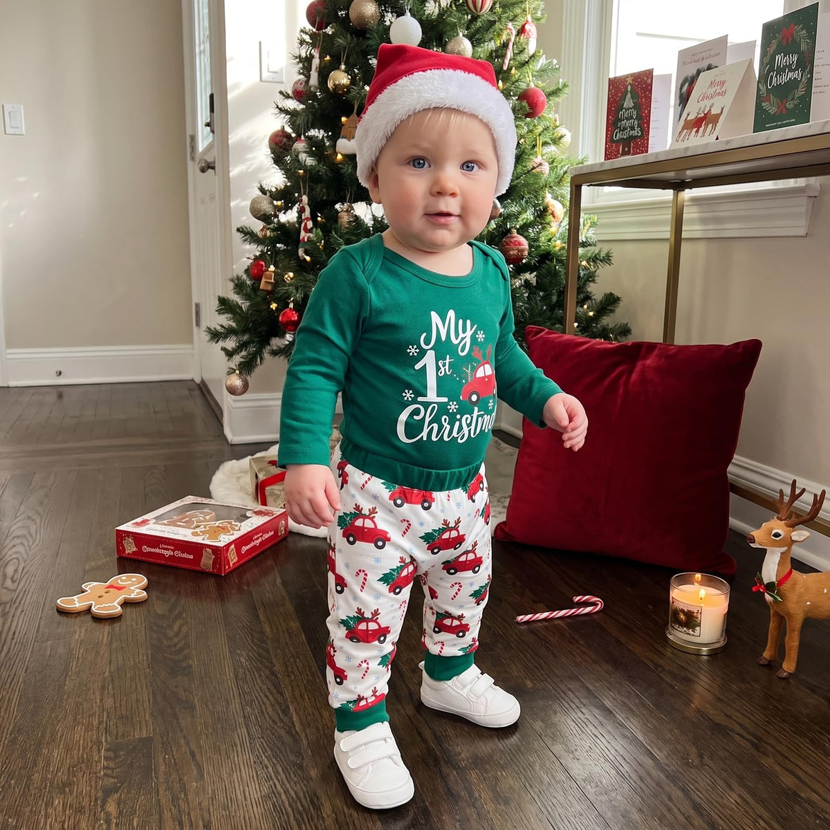 My First Christmas Baby Boy Outfit Romper Pants Hat H8804